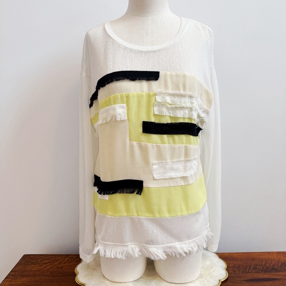 Altamira Milano White Yellow Black Fringe Mesh Long Sleeve Top M/L NEW - Picture 2 of 16